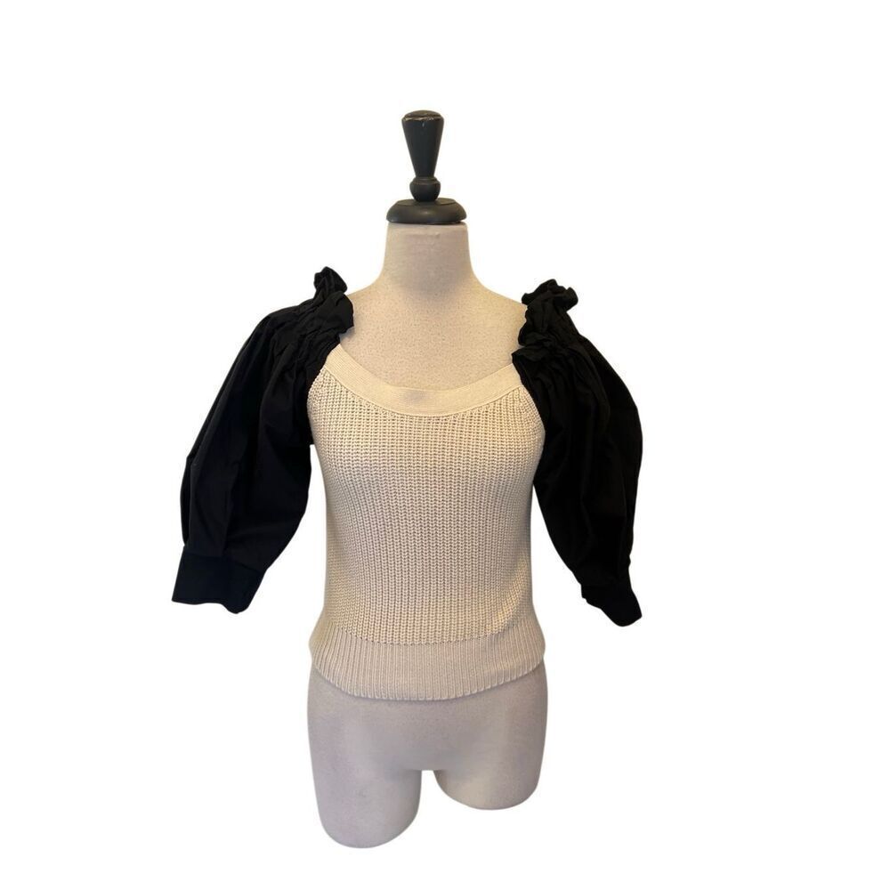 Zara Women's Puff Sleeve Contrast Ribbed Knit Blouse Black White Size Medium